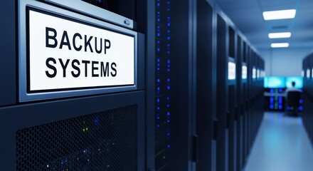 Fototapeta premium Modern data center with glowing blue server racks and a prominent sign for backup systems.