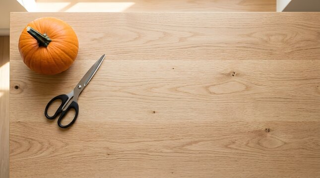 Autumn DIY and Halloween Preparation Background with Orange Pumpkin and Scissors on Wooden Surface with Large Copy Space