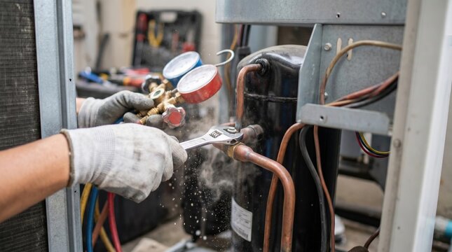 HVAC Technician Repairing Air Conditioning Compressor Unit with Manifold Gauge and Wrench