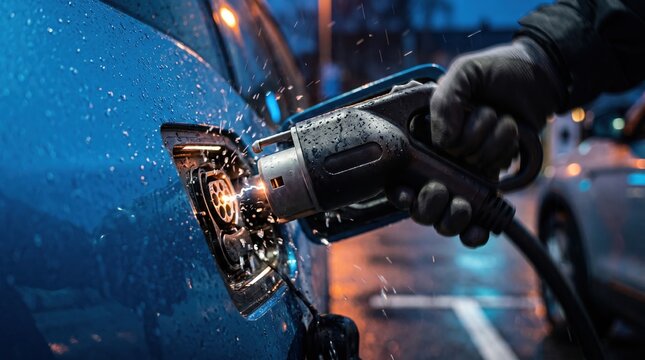 Electric vehicle charging in rain at night, close up of plug connecting to blue car for sustainable energy concept