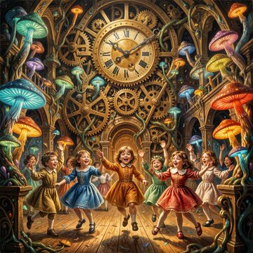 A whimsical clocktower ballroom filled with dancing children, their laughter echoing through the gears and springs