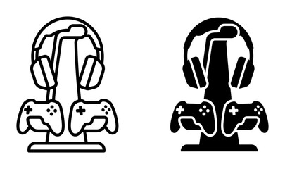Gaming Headset and Controller Stand Icons, Video Game Accessories, Digital Entertainment Setup, Black and White Vector Graphics © Svgmust