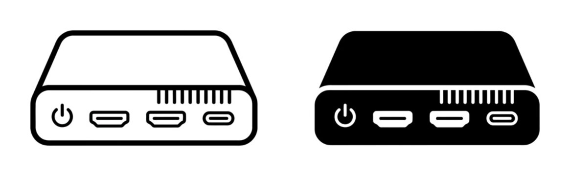 Mini PC Icons, Compact Computer Hardware, Small Form Factor Technology, Digital Device Ports, Black and White Vector Set