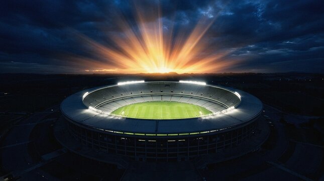 Epic aerial view of an empty sports stadium under a dramatic sunset