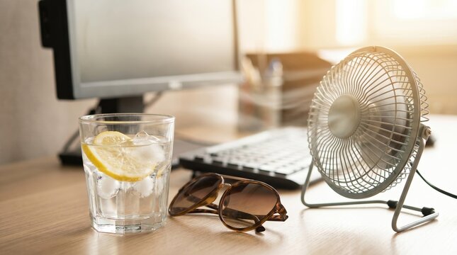 Hot Summer Office Desk Setup with Refreshing Lemon Water and Small Cooling Fan for Heat Relief