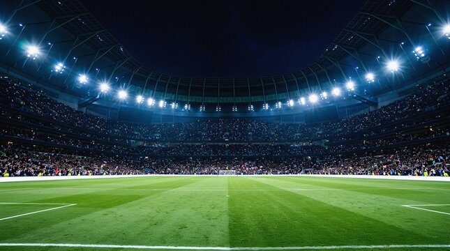 Football stadium field at night with a full crowd under floodlights