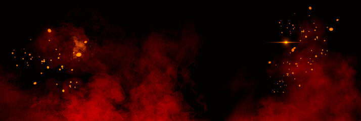 Fototapeta premium An abstract background header with red smoke and sparks on a black background.