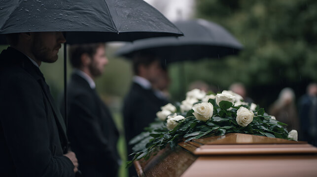 Solemn Gathering of Mourners Under Umbrellas in Rain, Attending a Somber Outdoor Funeral Service with Coffin Adorned with White Roses