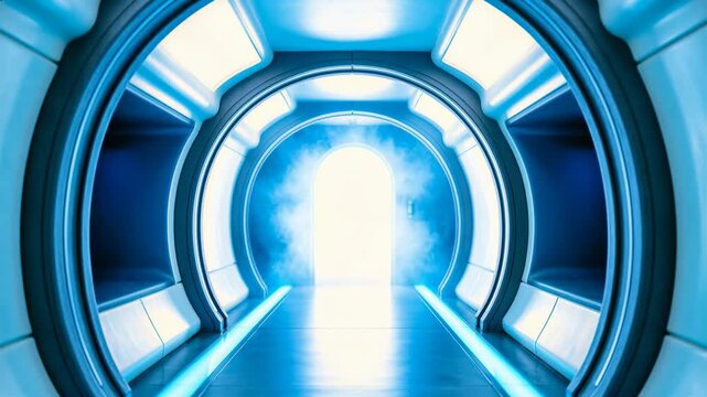 Sleek futuristic spaceship corridor with glowing cyan lights. Moving through a pearl white sci-fi hallway towards a bright misty portal. Advanced alien technology interior