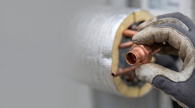 HVAC Technician Installing Copper Pipe Fitting on Refrigeration System Repair