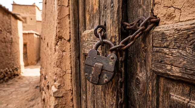 Old wooden door secured with a rusty padlock and heavy chain