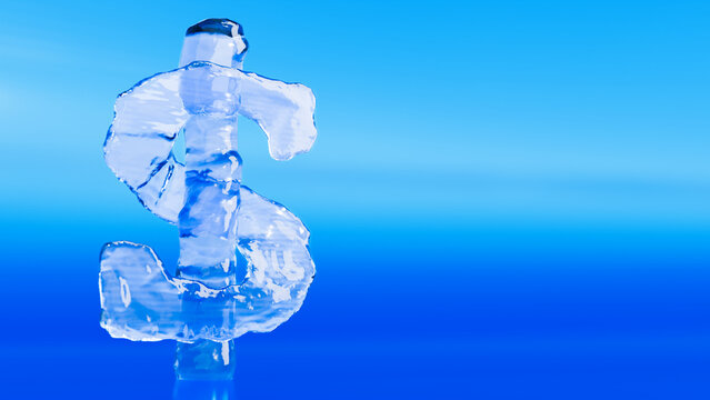 3D render of a clear liquid water dollar sign on a blue abstract gradient background