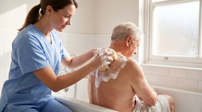 Compassionate female caregiver in scrubs washing the back of an elderly man with a soapy sponge in a bright bathroom, assisted living and senior homecare concept.