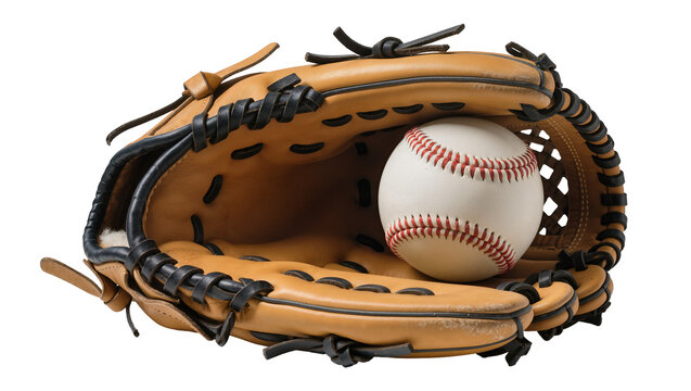 Isolated tan leather baseball glove and white ball, symbolizing American sport and summer game