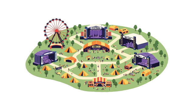 Isometric Music Festival Event Map with Multiple Stages, Ferris Wheel, Camping Area, and Crowds; Flat Vector Illustration of Outdoor Summer Concert Grounds Layout.