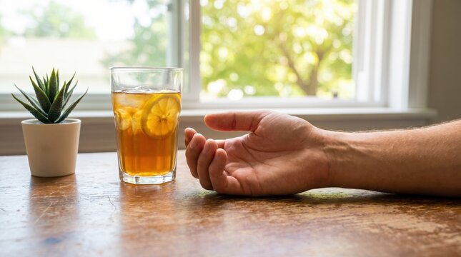 Relaxed person resting hand on wooden table next to iced tea with lemon slice for afternoon break concept