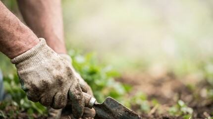 Fototapeta premium Close up of a gardener hands wearing dirty gloves using a hand trowel to plant seedlings in soil for spring gardening