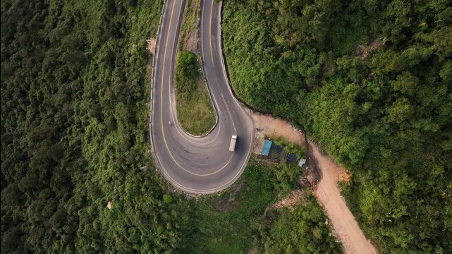 Hai Van Pass, Da Nang, Vietnam, South East Asia. Aerial drone view Of Road Curve. Adventurous Asian Motorbike Road Trip
