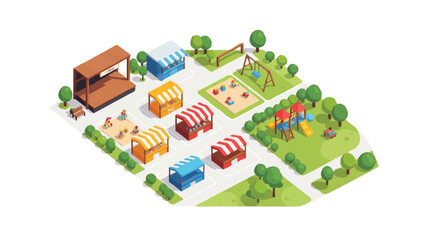 Fototapeta premium Isometric Summer Festival and Fairground with Food Stalls, Children's Playground, and Outdoor Stage Isolated on White