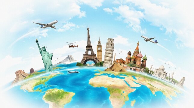 World travel collage with famous landmarks and monuments around the globe