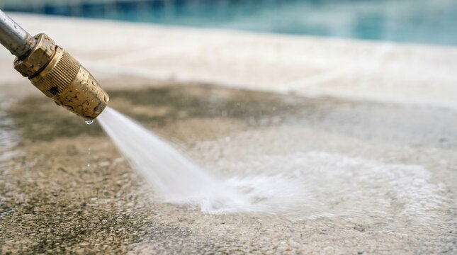Pressure washing dirty concrete pool deck surface with high pressure water jet for deep cleaning and maintenance