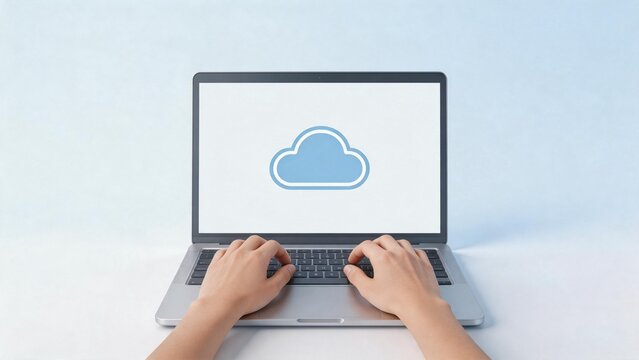 Hands typing on laptop with cloud icon
