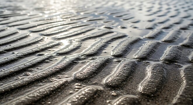 Close-up of rippled sand and water patterns on a beach at low tide