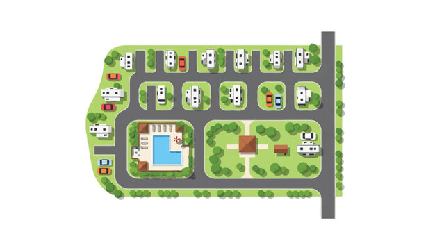 Top View Illustration of Modern RV Park Resort with Swimming Pool and Trailer Sites