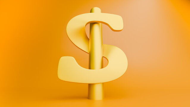 Horizontal 3D render of a metallic gold dollar sign on a yellow studio background with copyspace