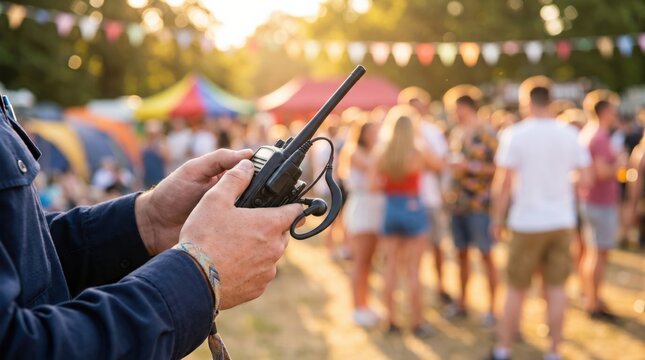 Security guard holding walkie talkie at outdoor music festival event for crowd control and communication management