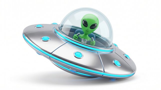 Green Alien Sitting in a Silver UFO Spaceship
