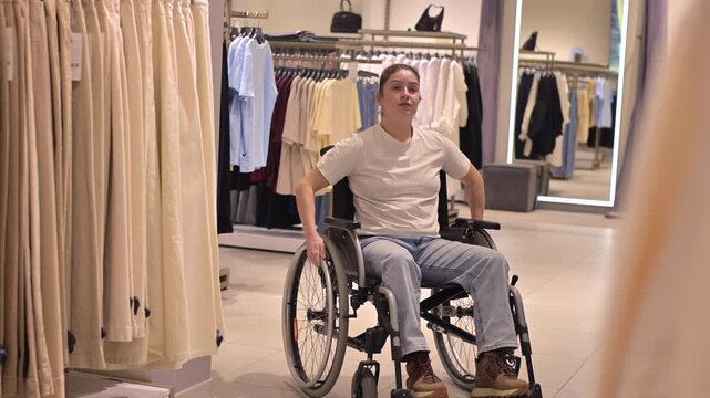 A Caucasian woman in a wheelchair shopping at a mall. 