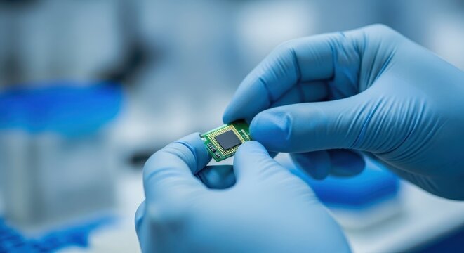 Close up of gloved hands holding a microchip during laboratory inspection and assembly of electronic components.