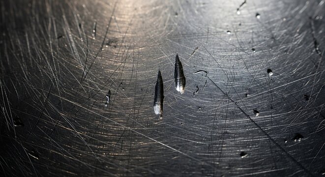 Close-up of two dark, pointed objects on a scratched metallic surface with water droplets