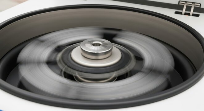 Close-up view of a laboratory centrifuge spinning at high speed, creating motion blur during scientific analysis