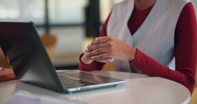 Hands, laptop and video call at office with discussion, insight or review at insurance computer. Person, broker or agent with consultation, virtual meeting and feedback at risk management agency