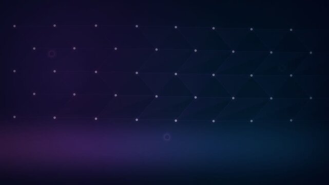 Abstract network lines, glowing dots on dark blue purple gradient tech backdrop, geometric connection pattern for digital business