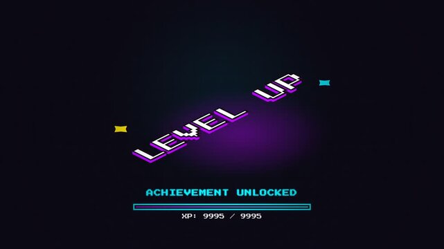 Pixel level up badge, achievement unlocked text, XP bar, dark neon game interface, retro gaming progress