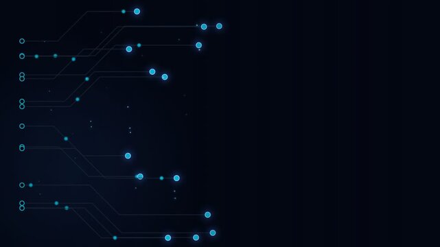 Abstract circuit board lines and glowing blue nodes on dark navy , technology network pattern, digital interface