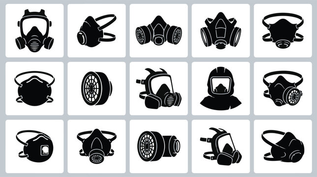 Collection of various gas masks and respirators for protection against hazardous substances.