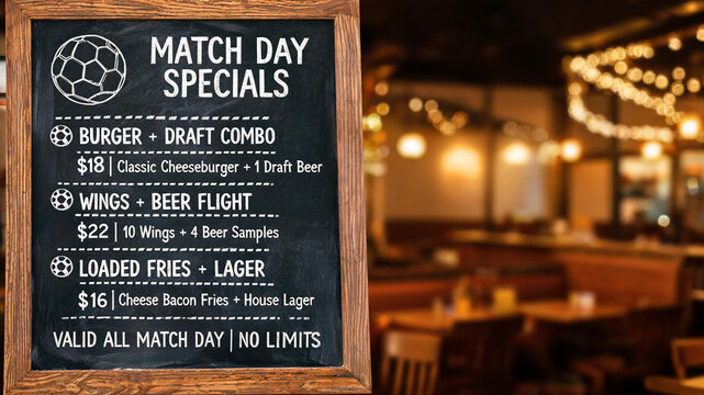a chalkboard menu featuring match day specials with beer and food combo deals in a warm, inviting restaurant setting.