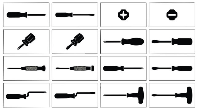 Set of Various Screwdriver Icons and Silhouettes for Repair and Maintenance.