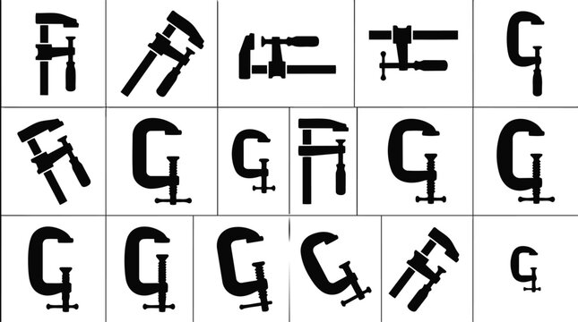 Collection of various C clamps and F clamps in different orientations.