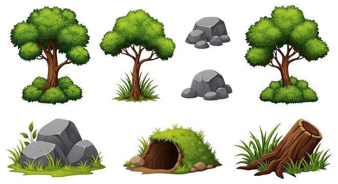 Cartoon nature elements including trees rocks stump and burrow