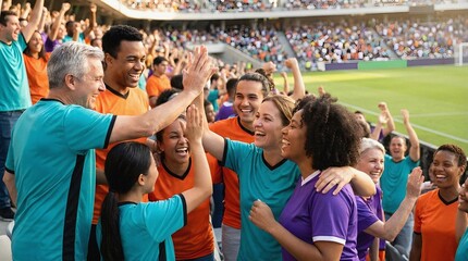 Naklejka premium Diverse crowd of fans cheering and celebrating at a sunny stadium event