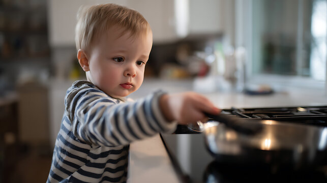Curious child reach for cooking pot on stove in kitchen, exploring surroundings with innocent gaze and focused attention, bright background