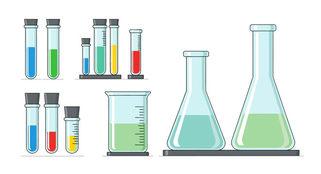 Laboratory glassware set with colorful liquids for scientific experiments.