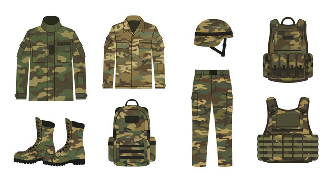 Military camouflage uniform and equipment set.