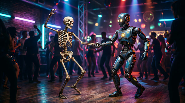 Skeleton and robot dancing in a nightclub with party lights