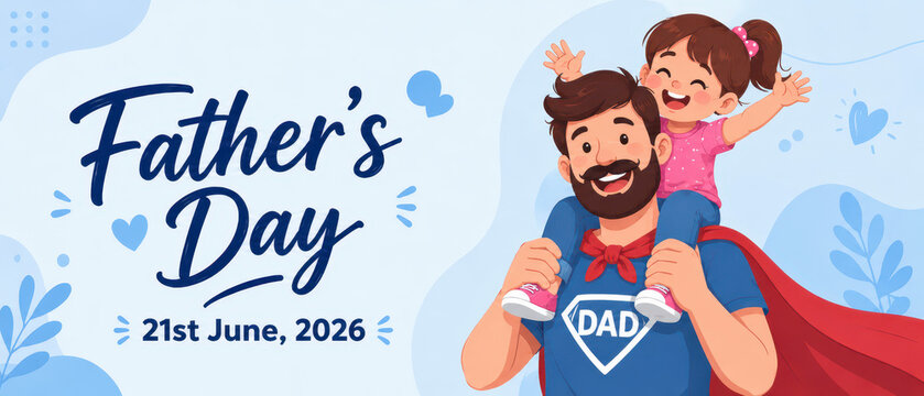 Father's Day banner celebration with superhero dad carrying happy daughter, playful bonding, heartfelt joy, family love, special occasion, cartoon style, June festivity, father child happiness